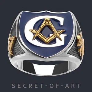 Masonic Ring Police Signet 925 Silver Freemason Masonry Freemasonry Gold-Plated - Picture 1 of 12