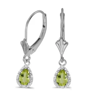 10k White Gold Pear Peridot And Diamond Leverback Earrings - Picture 1 of 3