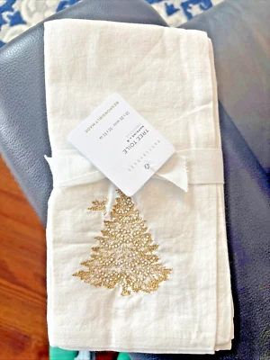Pottery barn Holiday gold Party Napkin Christmas Tree bird wedding Toile SET 4 . - Image 1 of 4