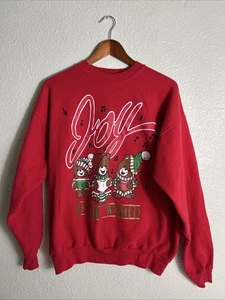 Vintage Hanes Christmas Sweatshirt Pull On Red Joy To The World Bears Mens Large - Picture 1 of 18