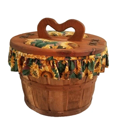 Vintage Bushel Sewing Basket Wooden Flip Top Heart Handle Sunflower Fabric 14" - Image 1 of 4