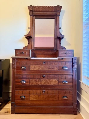 Antique Eastlake Dresser with 3 Drawers and Mirror - Image 1 of 4