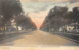 N. Cochrane Avenue CHARLOTTE, MI Street Scene 1911 Hand-Colored Vintage Postcard - Picture 1 of 1