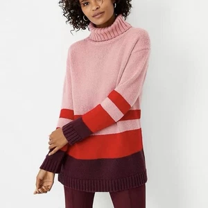 Ann Taylor Turtle Neck Knit Sweater Size Medium Pink Red Color Block Wool Blend - Picture 1 of 11