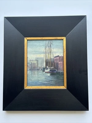 PINTURA ANTIGUA PAISAJE VISTA CIUDAD PUERTO PUERTO PUERTO PUERTO ERA WPA FIRMADO ÓLEO Foto 1 de 4