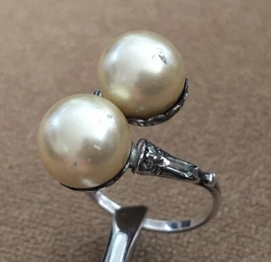 Rare Twin Pearls Twist Band Gem Accents 925 Estate Sterling Silver Size 7 Ring - Picture 1 of 12