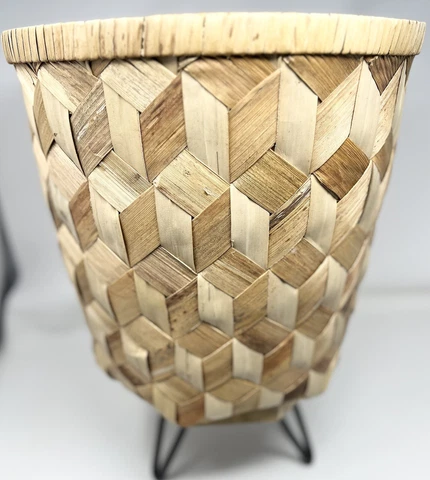 Vintage Handmade Boho Woven Grass Leaf Bark Planter Basket Weave 13” Trash Can Cover