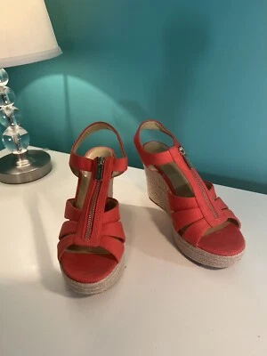 Michael Kors Berkley Weave Canvas Espadrille Wedge Sandals Coral Size 10 - Image 1 of 4