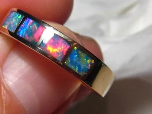 Brilliant Men's Opal inlay Ring , Solid  14 k Yellow gold , size 11 - Picture 1 of 11