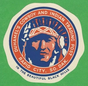 VINTAGE ORIGINAL 1940 SOUVENIR "DUHAMEL'S TRADING POST" RAPID CITY SD DECAL ART - Picture 1 of 1