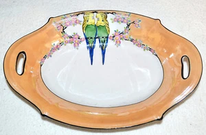 ANTIKE japanische Porzellan LÄNGLICHE Schale Glanz Ware Moriage Papagei Vogel, Blumen - Bild 1 von 9