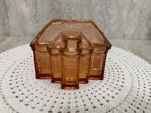 Pink Art Glass Colonial House Mansion Trinket Candy Box with Lid 5.5" X 5.5" - Picture 1 of 12