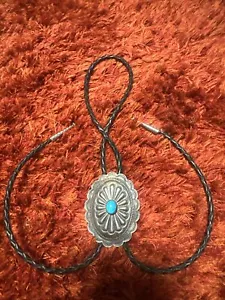 Vintage Navajo Pat Pend Bennett 50's Sterling Silver Turquoise Bolo Tie Necklace - Picture 1 of 9