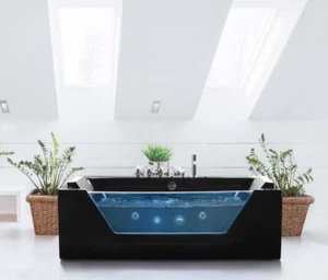 Whirlpool Badewanne SCHWARZ 174 freistehend mit Glas LED Licht Armaturen Spa Bad - Bild 1 von 12