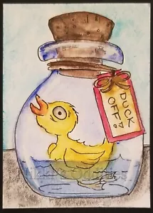 Aceo Original Watercolor Painting Duck Bird Glass Jar Pet art Animal Nikki - Picture 1 of 1