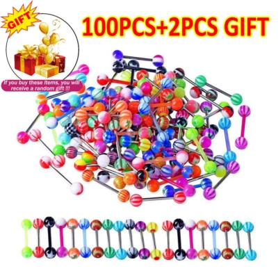 100Pcs Tongue Ring Piercing Kit Acrylic/Steel Bar Tongue Nipple Ring Barbell 14G - Image 1 of 4