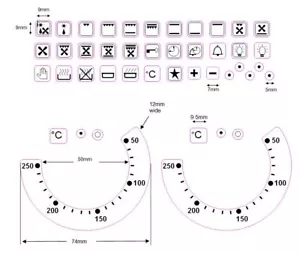 Oven Temperature Decals Stickers 50-250 & 36 replacement oven symbols decals. - Picture 1 of 3
