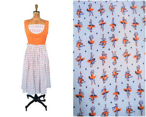 Vintage 50s Ballerina Print Dress Novelty Orange Cotton Sundress W 25"