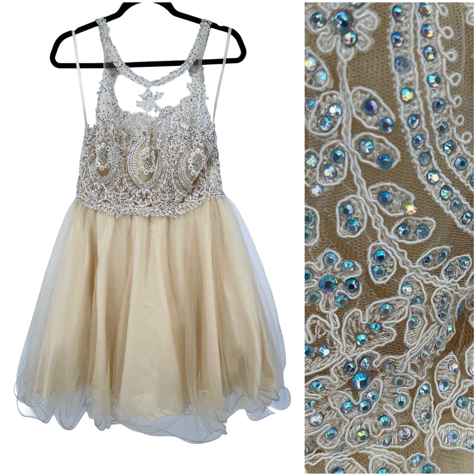 Fiesta Fashion Beaded Tulle Dress L Nude Sparkly Party Prom Homecoming Holiday - Image 1 of 4
