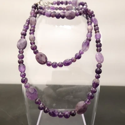 Amethyst necklace purple faceted beads ovals circles long layerable silvertone - Image 1 of 4
