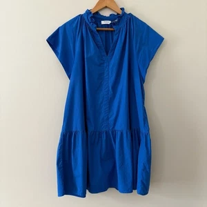 Avara Elaine Tiered Mini Dress Blue Ruffle Neck Poplin Cotton Bright Blue Sz XL - Picture 1 of 11