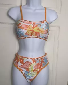 NWT Cupshe tropical leaf print shell stitched bandeau , hipster bikini size XS - Picture 1 of 12