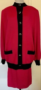 ST. JOHN SPORTSWEAR Pink Black Knit Cardigan Sweater Skirt Suit 2 Piece (US 10) - Picture 1 of 17