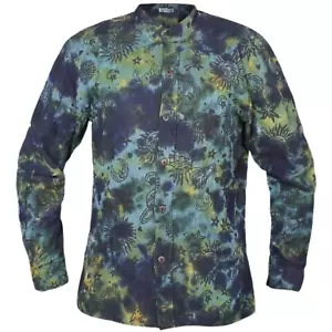 Men's Space Tie Dye Henley Shirt, Hand Made Long Sleeve Collarless Casual Shirt - Picture 1 of 42