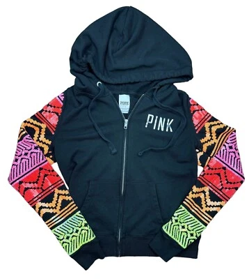 Victoria’s Secret Rosa Raro Azteca Tribal Lentejuelas Manga Neón Cremallera Sudadera con Capucha Años 90’s Pequeña Foto 1 de 4
