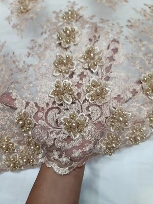 Champagne Handmade Embroidery Lace Fabric By The Yard 3d Floral Lace For Dress  - Image 1 of 4