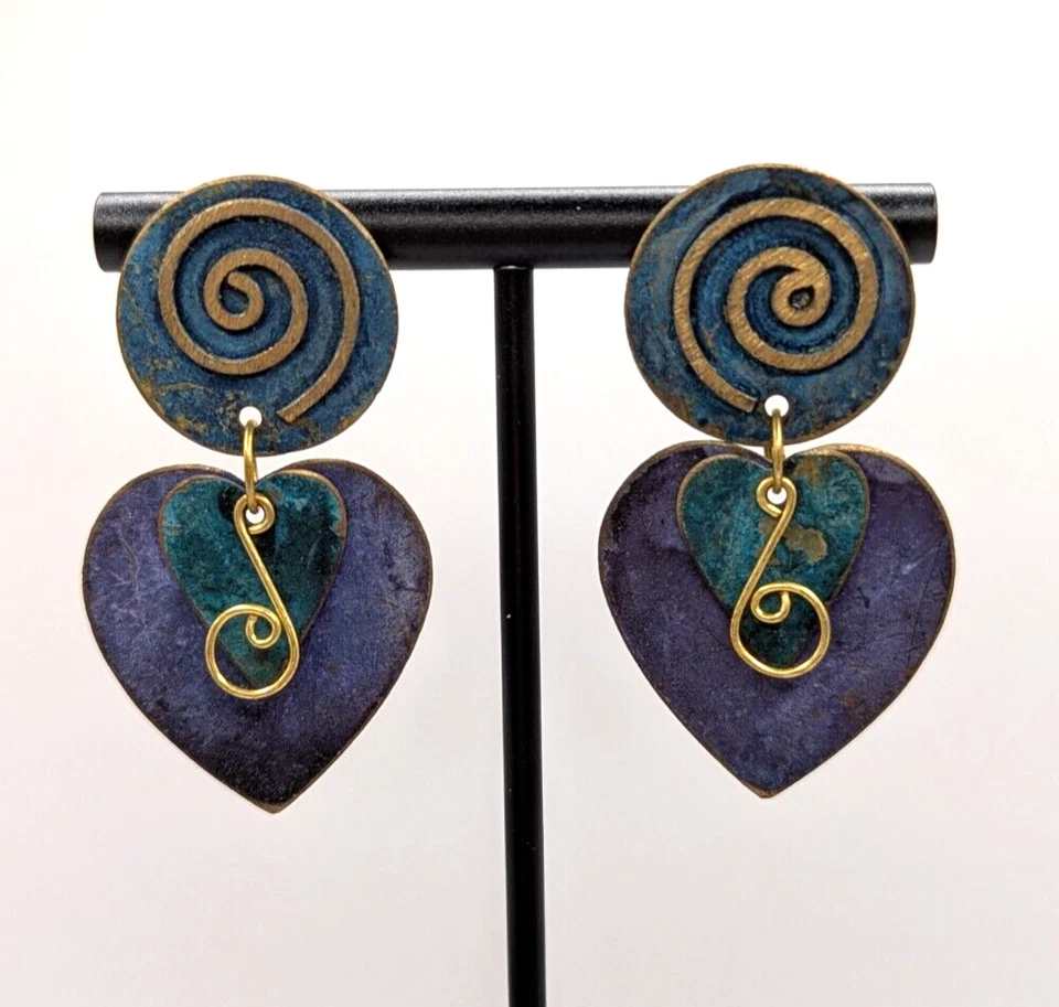 Wooden Purple and Blue Heart Drop Earrings with Gold Spiral Curled Wire Design - Image 1 of 1