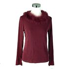 Western Connection Women's Feather Trim Long Sleeve Dark Red Sweater Size Medium