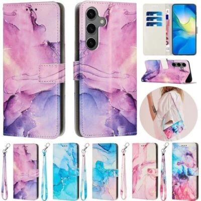 Strap Leather Marble Wallet Phone Case For Samsung S24 S23 S22 S21 S20 Ultra - Image 1 of 4