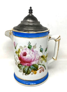 Wheeling Pottery Patent Mark 1882 handbemalt floral Rosen Zinndeckel antik - Bild 1 von 11