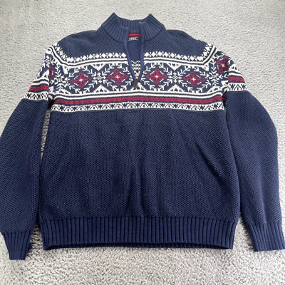 Suéter Izod Para Hombres Grande Azul Marino Rojo Blanco Fair Isle 1/4 Cremallera Cuello Simulado Y2K Cálido Foto 1 de 4
