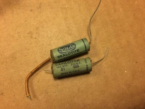 2 Vintage 1950s Solar .01 uf 600v Molded Paper Capacitors Guitar Tone Cap Tested - Picture 1 of 6