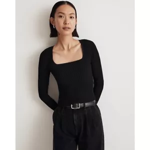 Madewell Womens Ottoman Pullover Crop Sweater Top Ribbed Square Neck Black XS - Picture 1 of 9