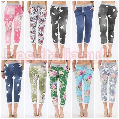 Women's Ladies Italian Turn Up Trousers Floral Rose Printed Summer Beach Pants - Image 1 of 2