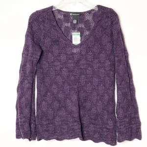 INC Sweater Large Purple NEW Scalloped Hem & Sleeve Loose knit Sweater V Neck - Picture 1 of 4