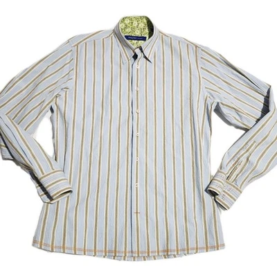 Georg Roth Los Angeles Mens Large L White Shirt Blue Striped Floral Flip Cuffs - Image 1 of 4