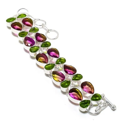 Zweifarbig Turmalin, Peridot Edelstein Handgemacht 925 Sterling Silberarmband - Bild 1 von 4