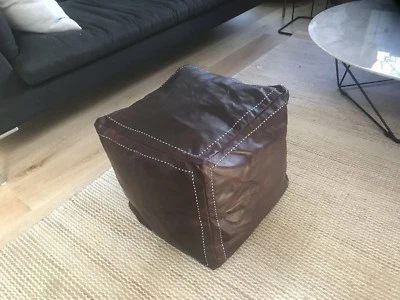 Square Moroccan Leather Ottoman Pouffe Pouf Footstool Coffee Table In Dark Tan - Image 1 of 4