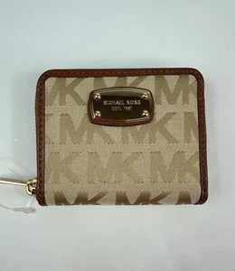 Michael Kors Jet Set Zip Around Wallet Brown Logo Canvas and Leather New - Picture 1 of 5