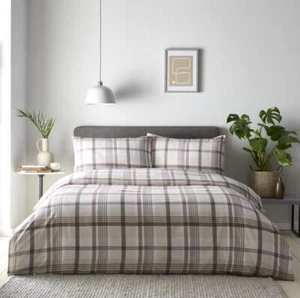 Set copripiumino tartan check letto marrone naturale beige panna nuovo lenzuola neutre - Foto 1 di 13