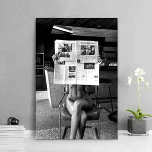 Black and White Sexy Woman Holding Newspaper Posters and Prints Canvas Painting - Picture 1 of 5