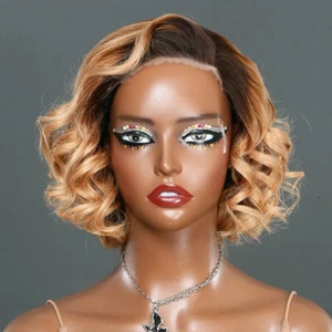 Parrucche Bob radice scura marrone chiaro 13x4 pizzo davanti 100% capelli umani parrucca senza colla - Foto 1 di 7