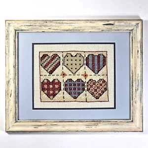VTG Framed Completed Cross Stitch Hearts Buttons Farmhouse Country Cottage Core - Picture 1 of 9