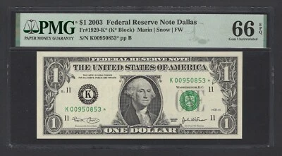 United States-Federal Res One Dollar 2003 Fr#1929-K* (K* Block) UNC Grade 66 - Image 1 of 2