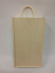 Unpainted Unfinished Wooden Wine Box Rope and Sliding lid Claps Lid Xmas Present