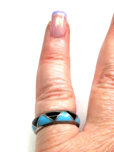 Native American Wedding Band, Turquoise & Onyx Gemstone Triangles Silver Ring. - Picture 1 of 4